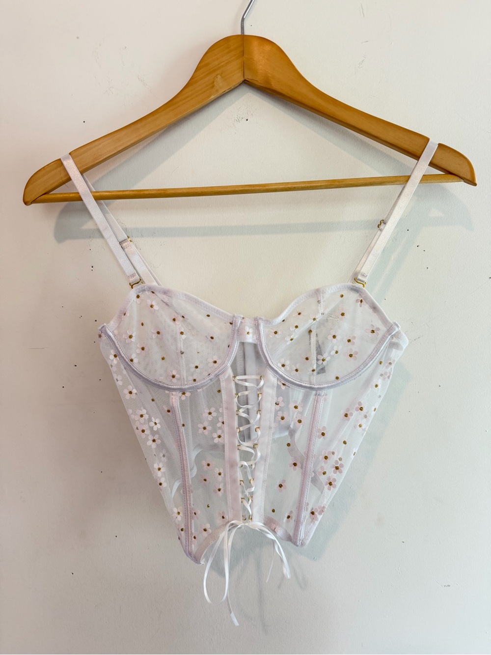 White Floral Lace-Up Sheer Bustier Corset Top